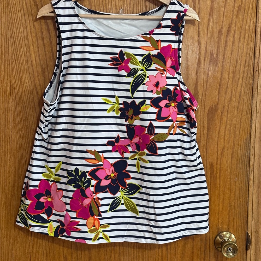Lands' End Navy and White Striped Floral Tank with Pink & Lime Accents